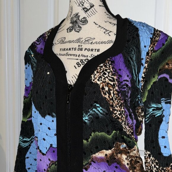 Joseph Ribkoff Jacket Size 12 Black Colorful Print Textured Sequin Zipper Womens - Picture 2 of 8